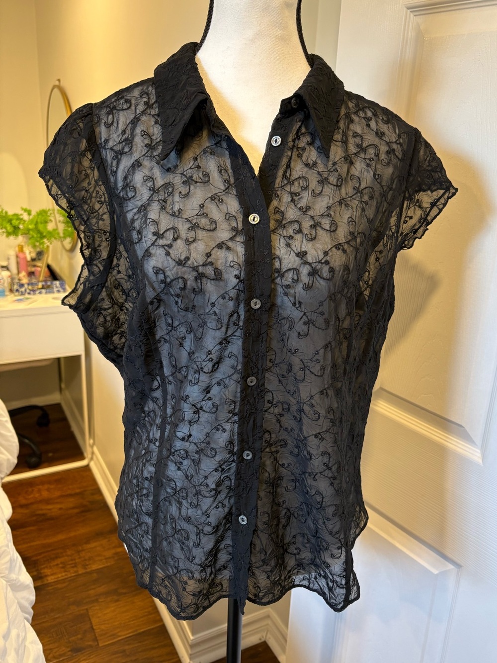 Marks & Spencer Black Sheer Embroidered Mesh Blouse Y2K UK 18